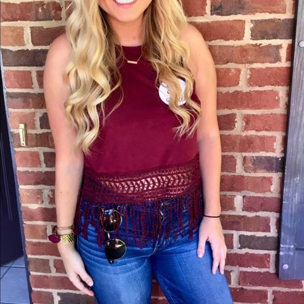 Garnet suede tank top with fringe bottom